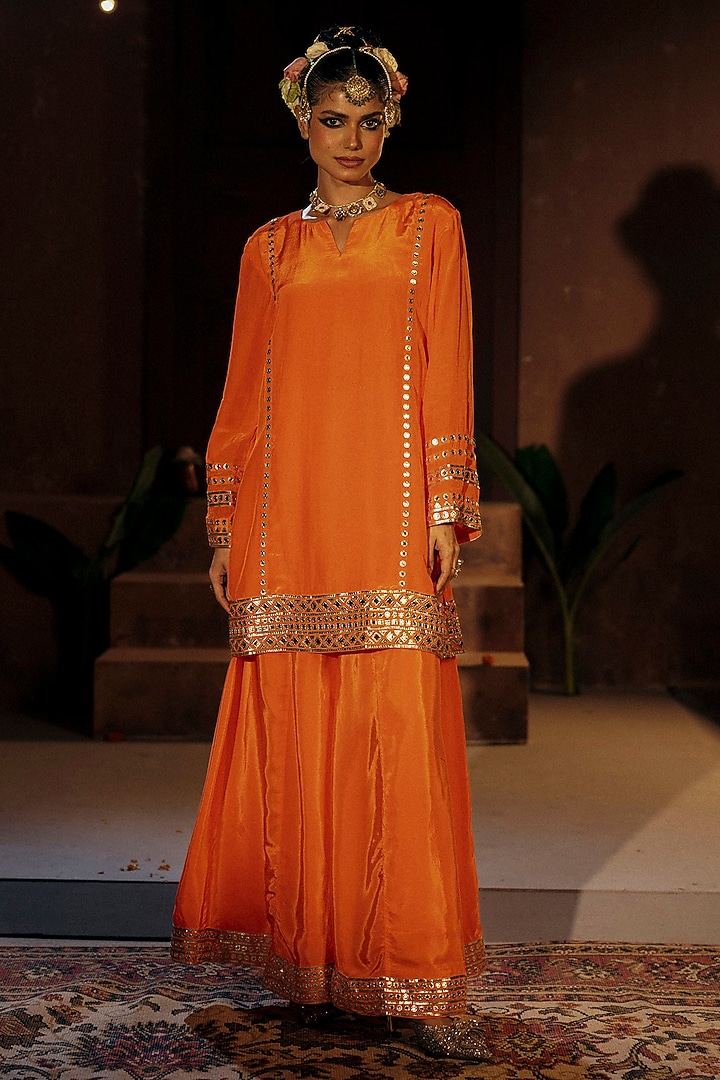 Orange Vegan Crepe Silk Wedding Sharara Set by Prahnaaya at Pernia's Pop Up Shop