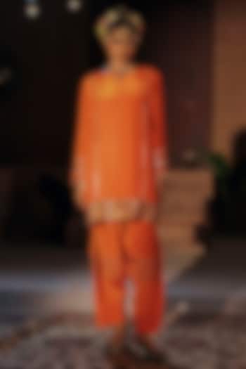 Orange Vegan Crepe Silk Embroidered Kurta Set by Prahnaaya at Pernia's Pop Up Shop