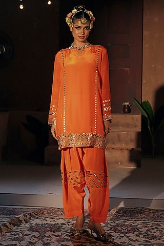 Orange Vegan Crepe Silk Embroidered Kurta Set by Prahnaaya