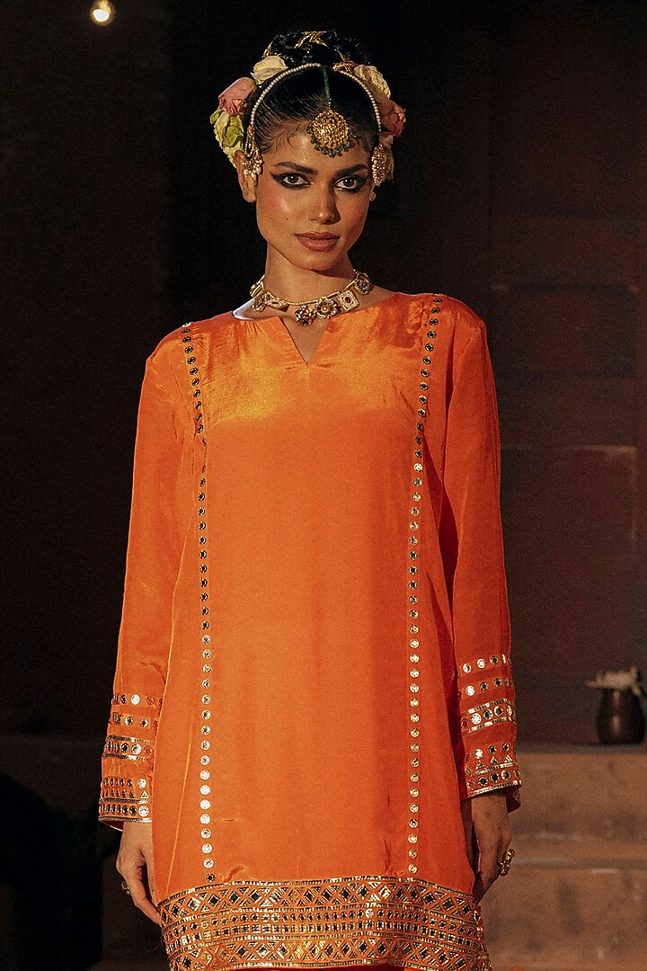 Orange Vegan Crepe Silk Embroidered Kurta Set by Prahnaaya at Pernia's Pop Up Shop
