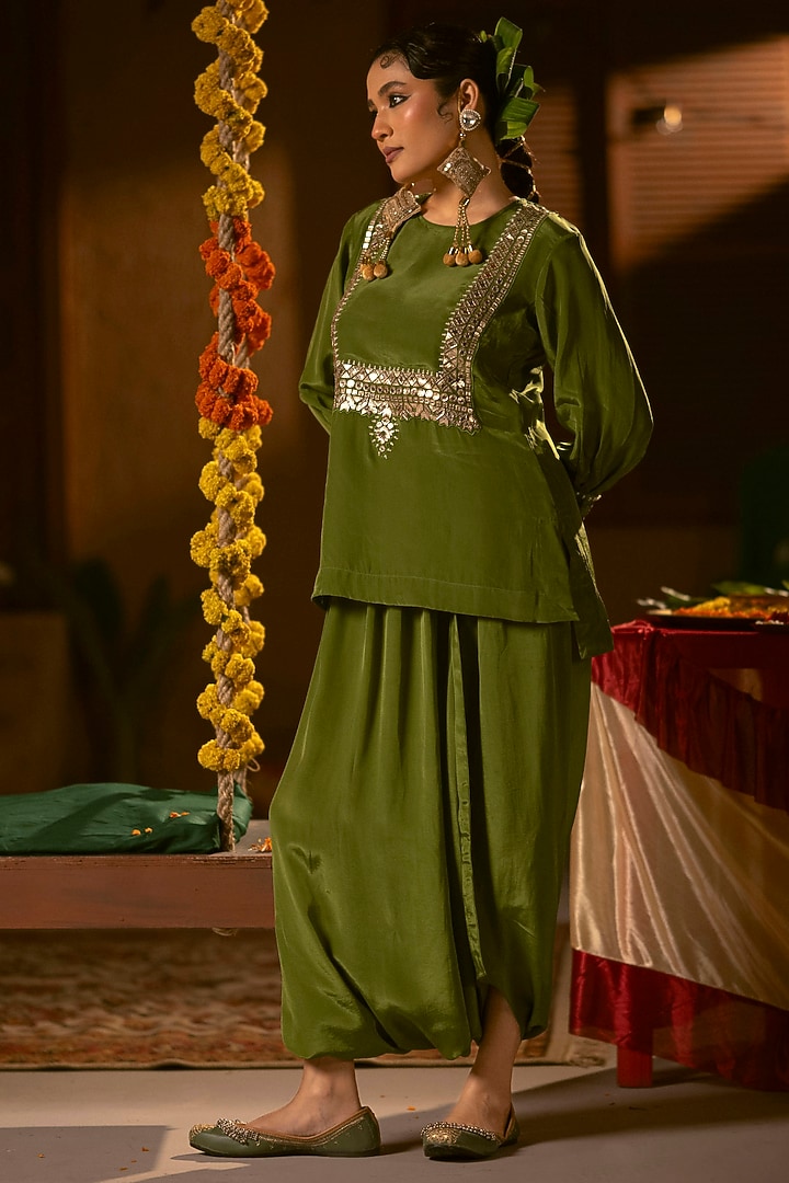 Mehendi Vegan Crepe Silk Dhoti Skirt Set by Prahnaaya at Pernia's Pop Up Shop
