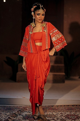 Red Vegan Crepe Silk Embroidered Cape Set by Prahnaaya