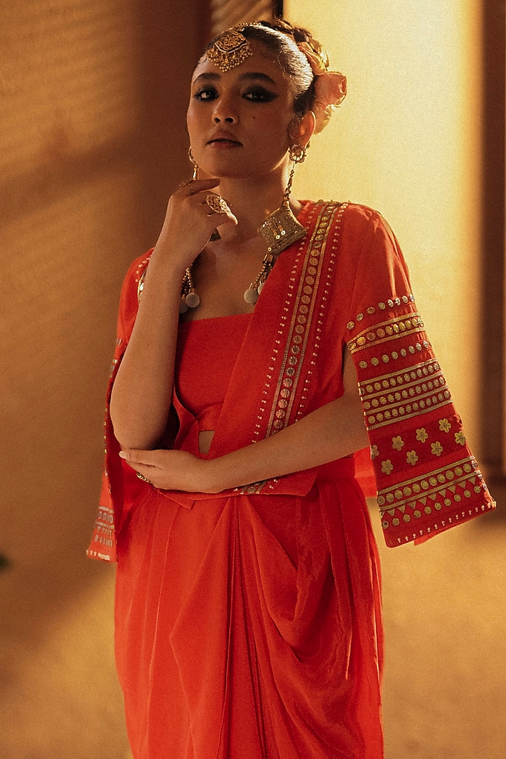 Red Vegan Crepe Silk Embroidered Cape Set by Prahnaaya at Pernia's Pop Up Shop