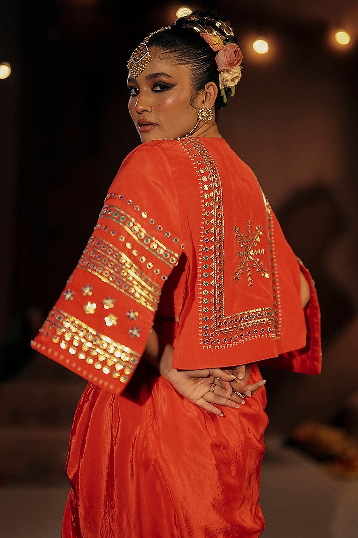 Red Vegan Crepe Silk Embroidered Cape Set by Prahnaaya at Pernia's Pop Up Shop