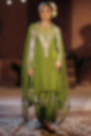 Mehendi Vegan Crepe Silk Embroidered Choga Kurta Set by Prahnaaya at Pernia's Pop Up Shop