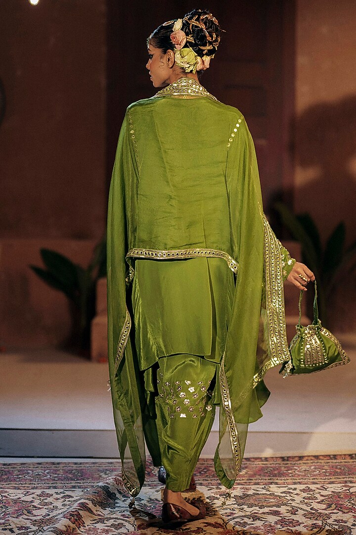 Mehendi Vegan Crepe Silk Embroidered Choga Kurta Set by Prahnaaya at Pernia's Pop Up Shop