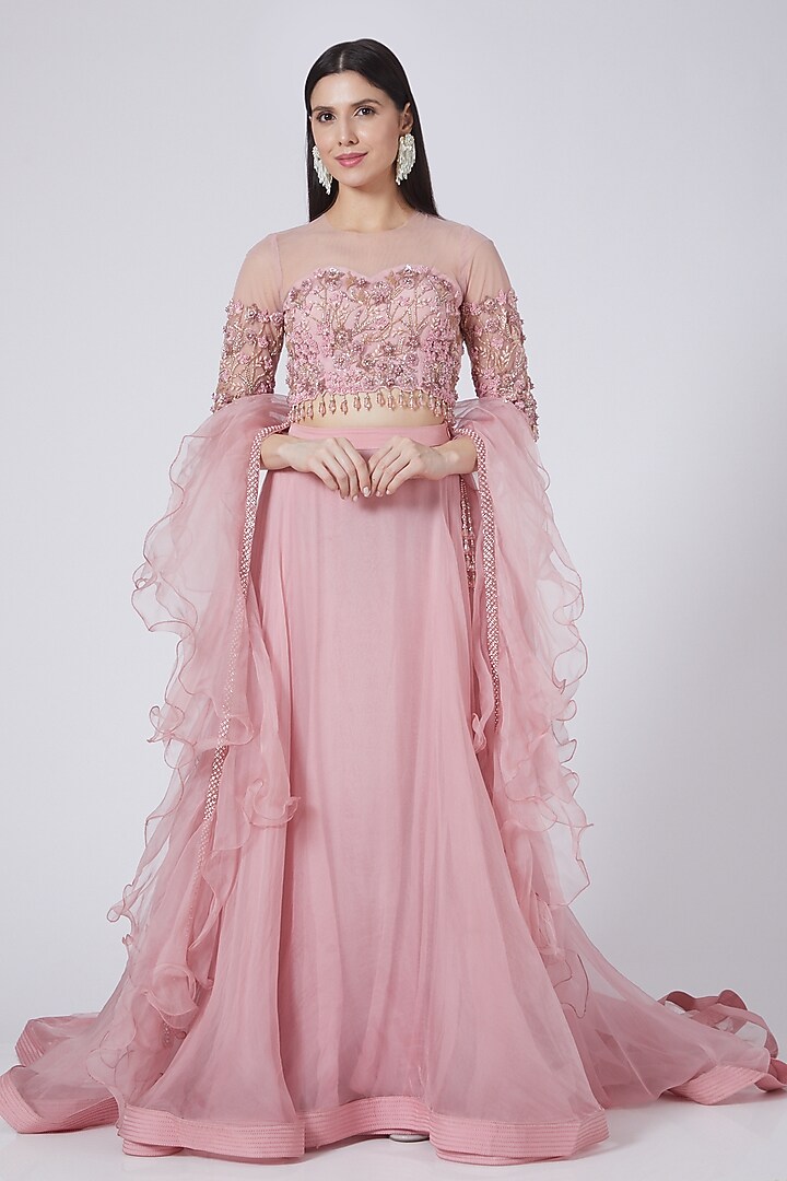 Nude Pink Layered Wedding Lehenga Set by Prakriti Chawla at Pernia's Pop Up Shop