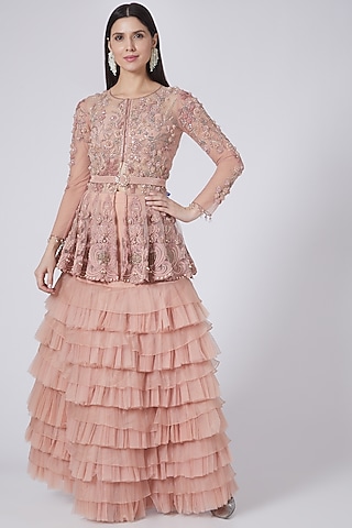 Nude Pink Ruffled Skirt Set by Prakriti Chawla