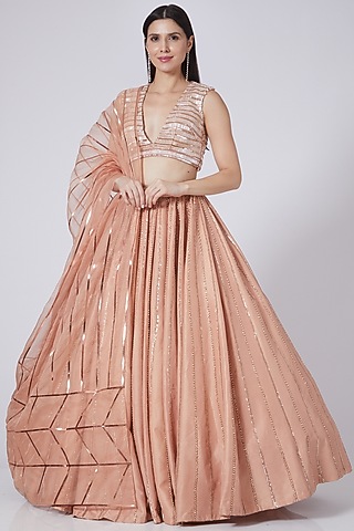 Peach Sequins Lehenga Set by Prakriti Chawla