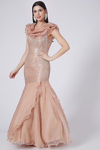 Nude Pink Sequins Embroidered Gown by Prakriti Chawla