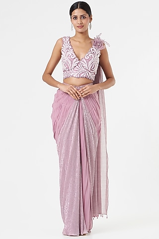 Mauve Net & Georgette Lurex Pre-Draped Saree Set by prakriti chawla