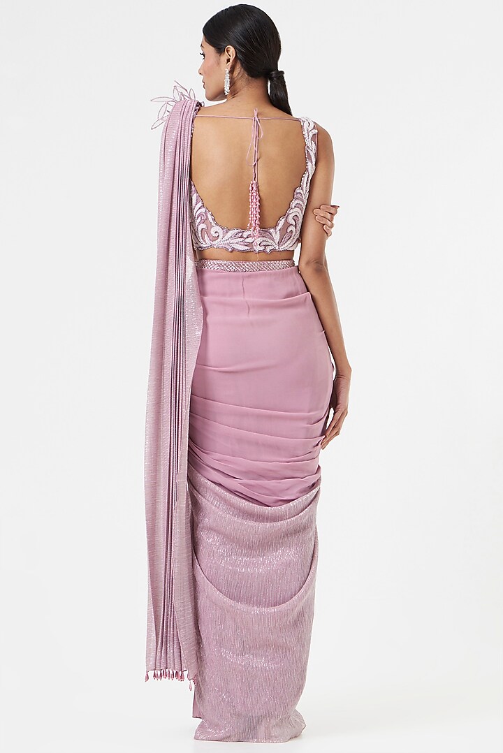 Mauve Net & Georgette Lurex Pre-Draped Wedding Saree Set by prakriti chawla at Pernia's Pop Up Shop