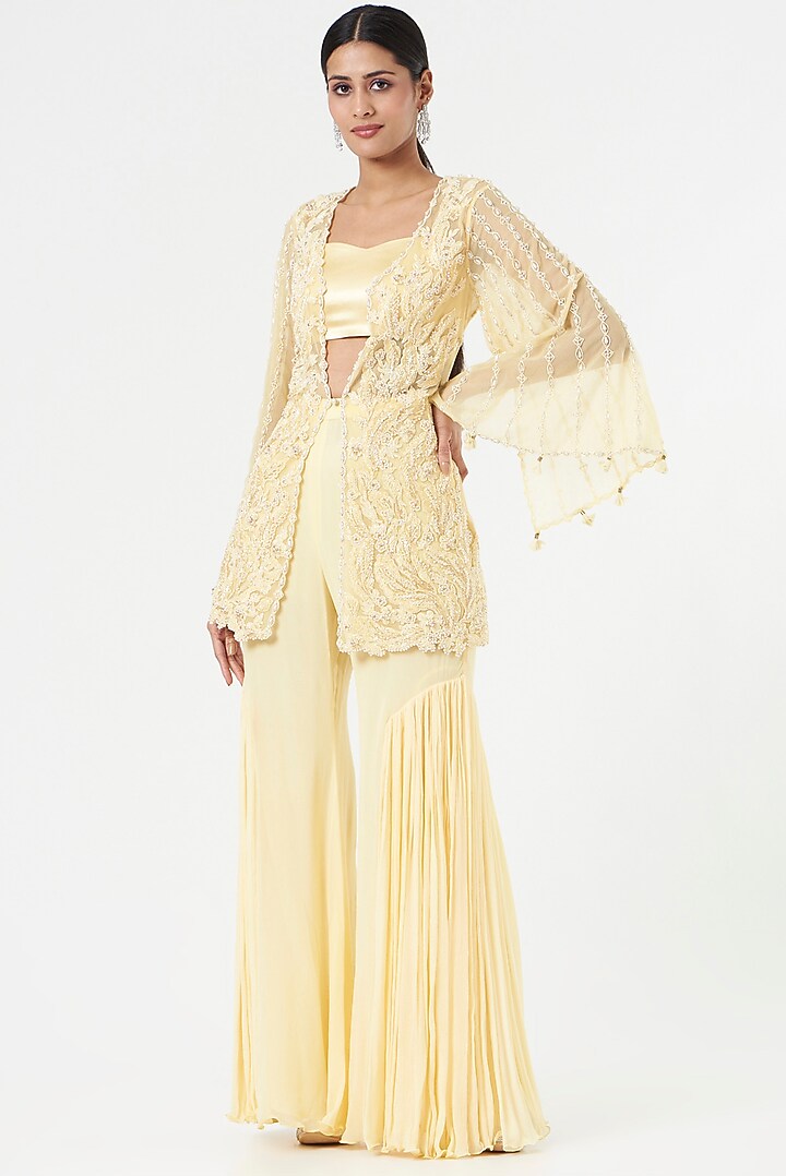Gold Lemon Hand Embroidered Jacket Set by prakriti chawla at Pernia's Pop Up Shop