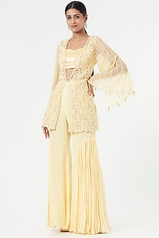Gold Lemon Hand Embroidered Jacket Set by prakriti chawla