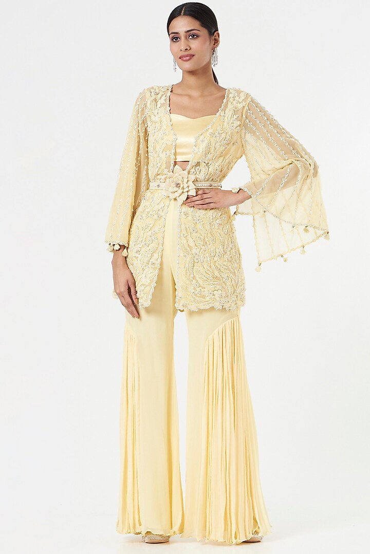 Gold Lemon Hand Embroidered Jacket Set by prakriti chawla at Pernia's Pop Up Shop