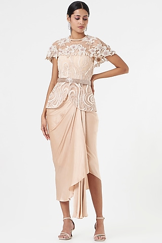 Peach Satin Dhoti Skirt Set by prakriti chawla