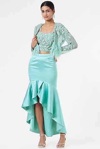 Blue Satin Ruffled Skirt Set by prakriti chawla
