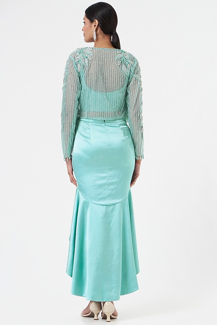 Blue Satin Ruffled Skirt Set by prakriti chawla at Pernia's Pop Up Shop