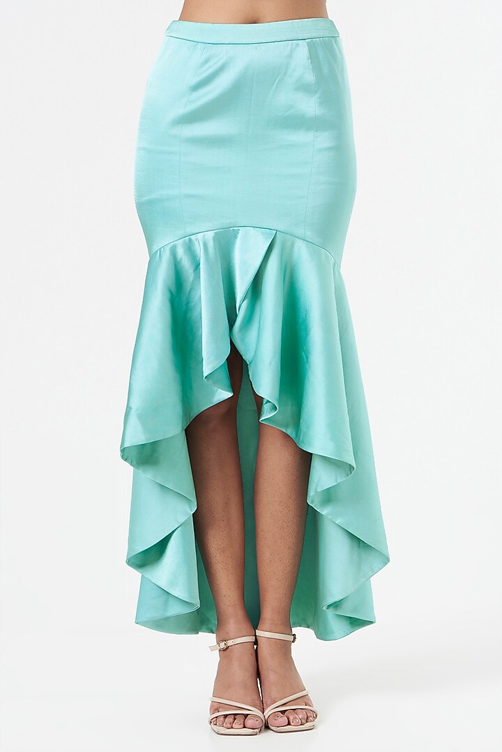 Blue Satin Ruffled Skirt Set by prakriti chawla at Pernia's Pop Up Shop