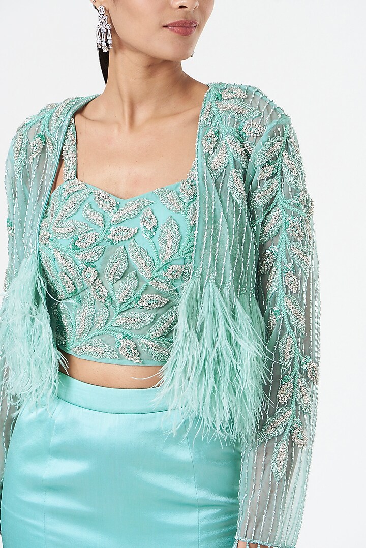 Blue Satin Ruffled Skirt Set by prakriti chawla at Pernia's Pop Up Shop