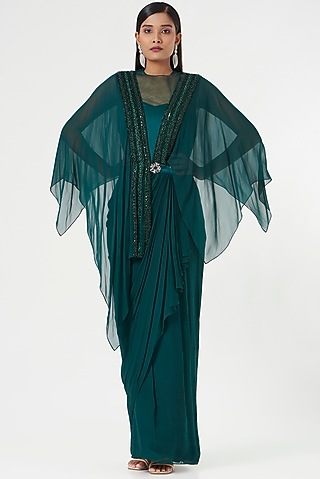 Teal Green Embroidered Drape by Prakriti Chawla