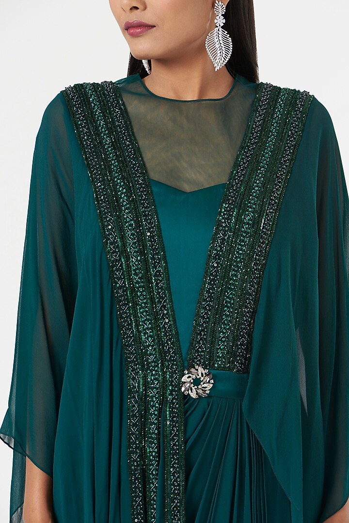 Teal Green Embroidered Drape by Prakriti Chawla at Pernia's Pop Up Shop