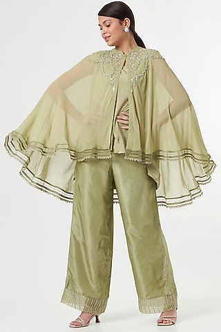 Sea Green Georgette Silk Pant Set With Cape by prakriti chawla