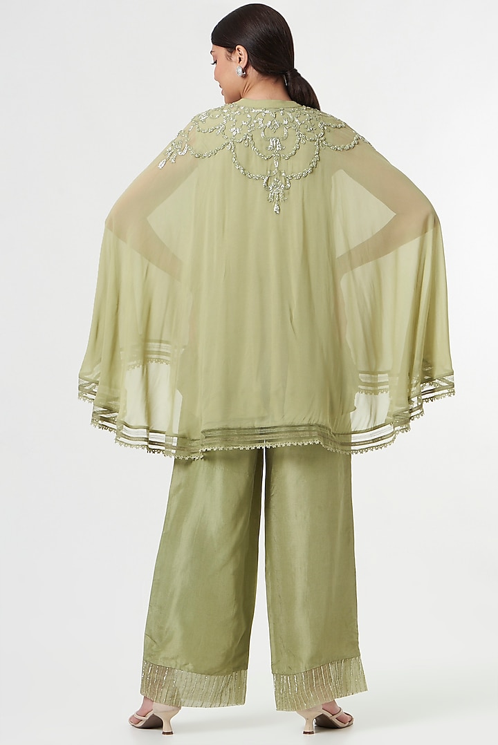 Sea Green Georgette Silk Pant Set With Cape by prakriti chawla at Pernia's Pop Up Shop