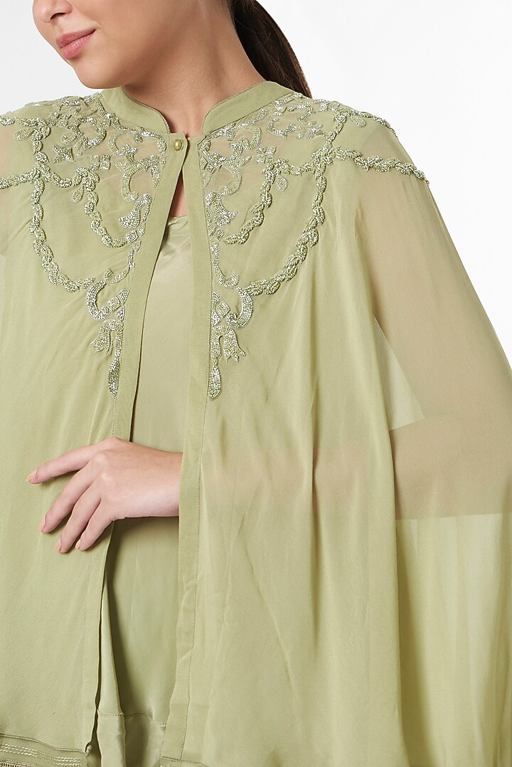 Sea Green Georgette Silk Pant Set With Cape by prakriti chawla at Pernia's Pop Up Shop