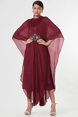 Maroon Hand Embroidered Draped Dress by prakriti chawla