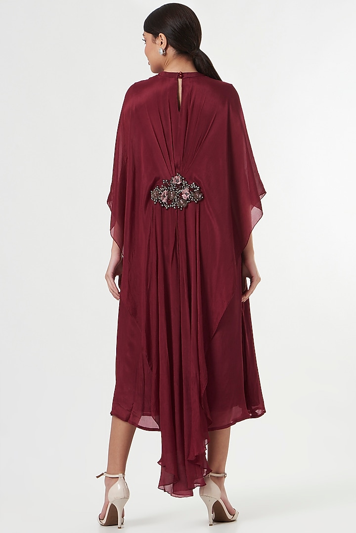 Maroon Hand Embroidered Draped Vacation Dress by prakriti chawla at Pernia's Pop Up Shop