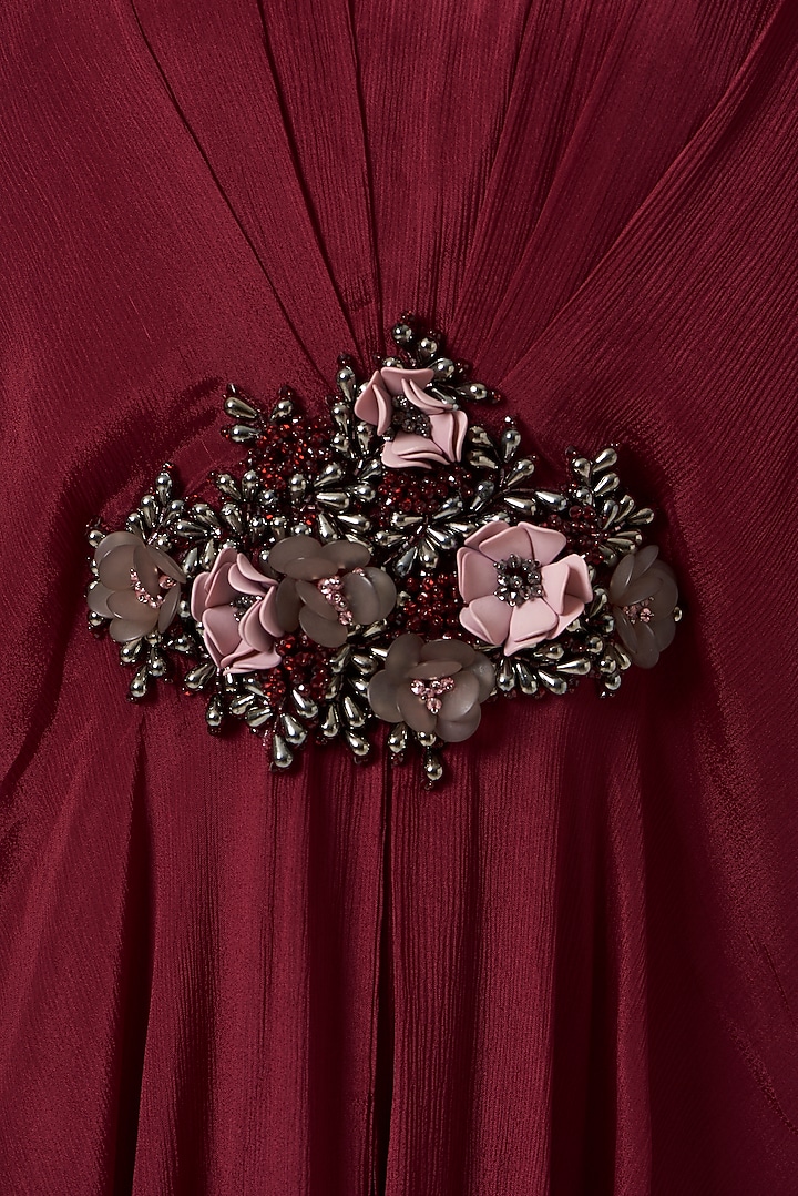 Maroon Hand Embroidered Draped Vacation Dress by prakriti chawla at Pernia's Pop Up Shop