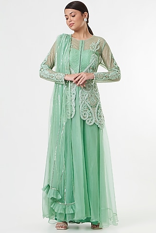 Sea Green Organza Sharara Set by prakriti chawla