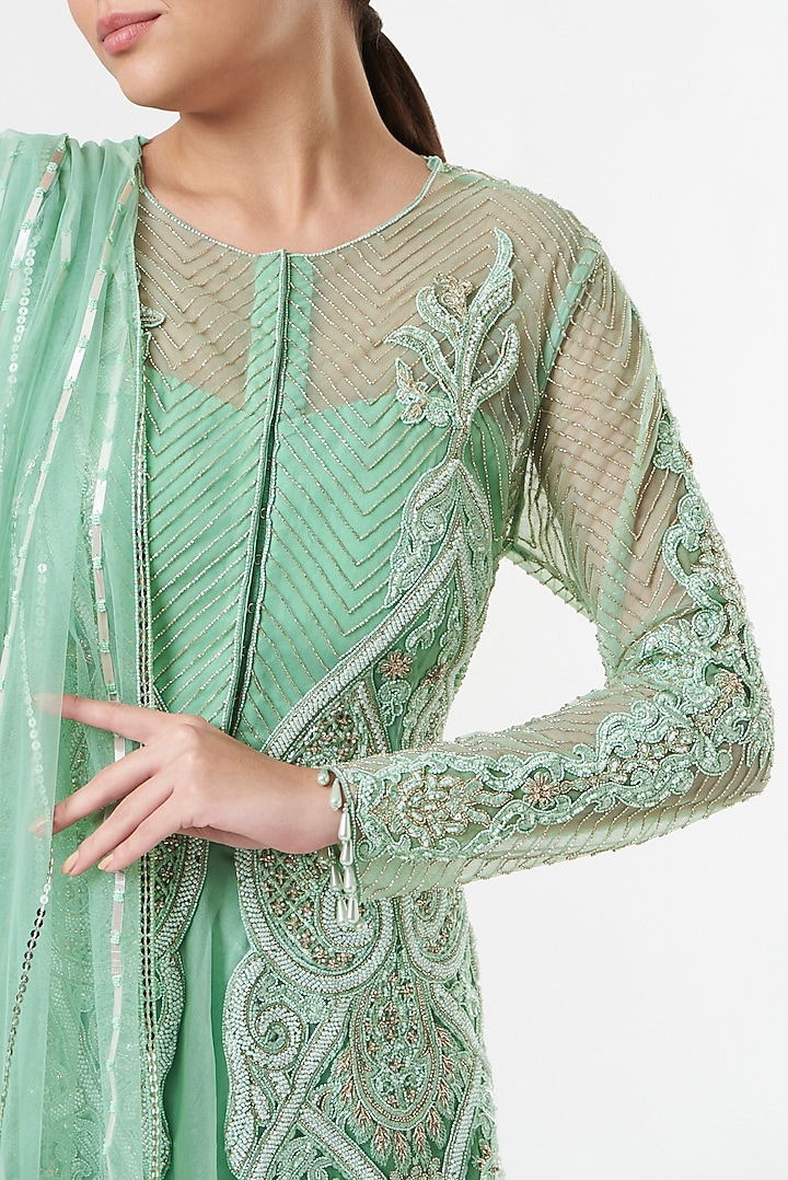 Sea Green Organza Wedding Sharara Set by prakriti chawla at Pernia's Pop Up Shop