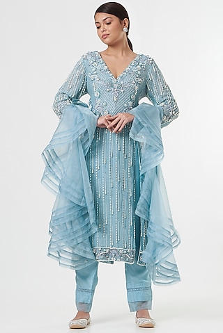 Powder Blue Hand Embroidered Kurta Set by prakriti chawla