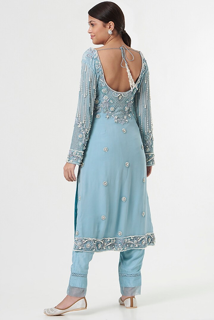 Powder Blue Hand Embroidered Kurta Set by prakriti chawla at Pernia's Pop Up Shop