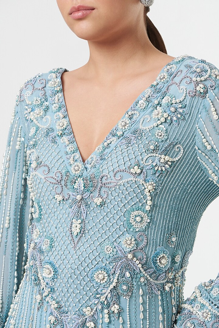 Powder Blue Hand Embroidered Kurta Set by prakriti chawla at Pernia's Pop Up Shop