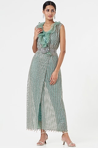 Mint Green Hand Embroidered Jacket Set by prakriti chawla