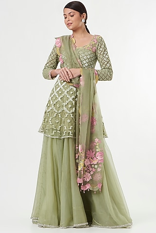 Emerald Green Hand Embroidered Anarkali Set by prakriti chawla