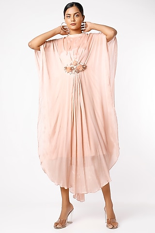 Peach Hand Embroidered Draped Dress by prakriti chawla