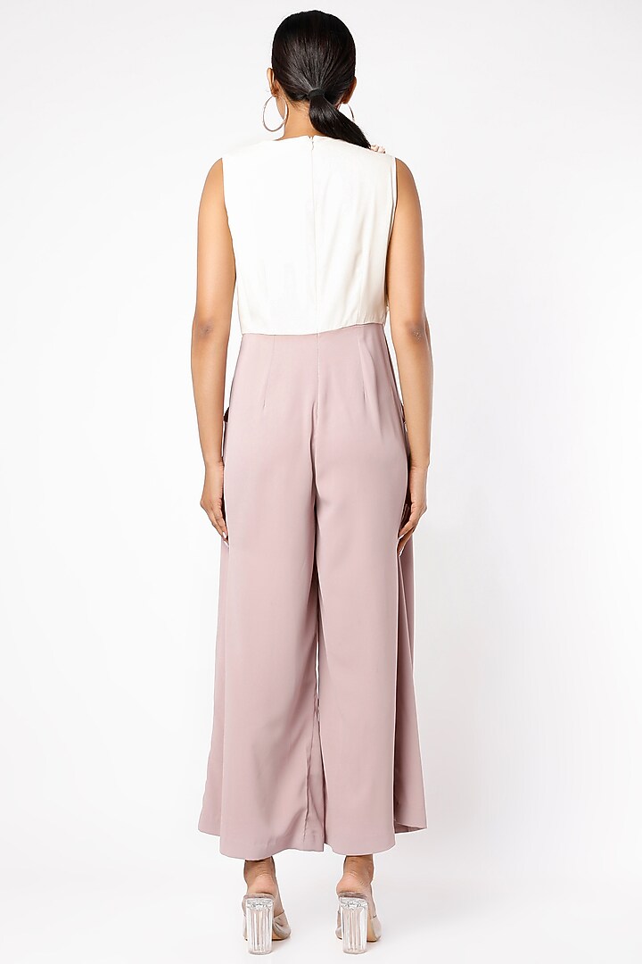 White & Lilac Hand Embroidered Draped Jumpsuit by prakriti chawla at Pernia's Pop Up Shop
