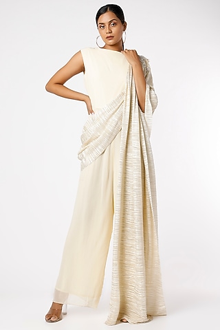 Cream Embroidered Draped Jumpsuit by prakriti chawla