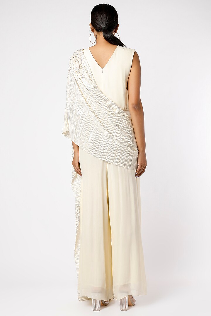 Cream Embroidered Draped Jumpsuit by prakriti chawla at Pernia's Pop Up Shop