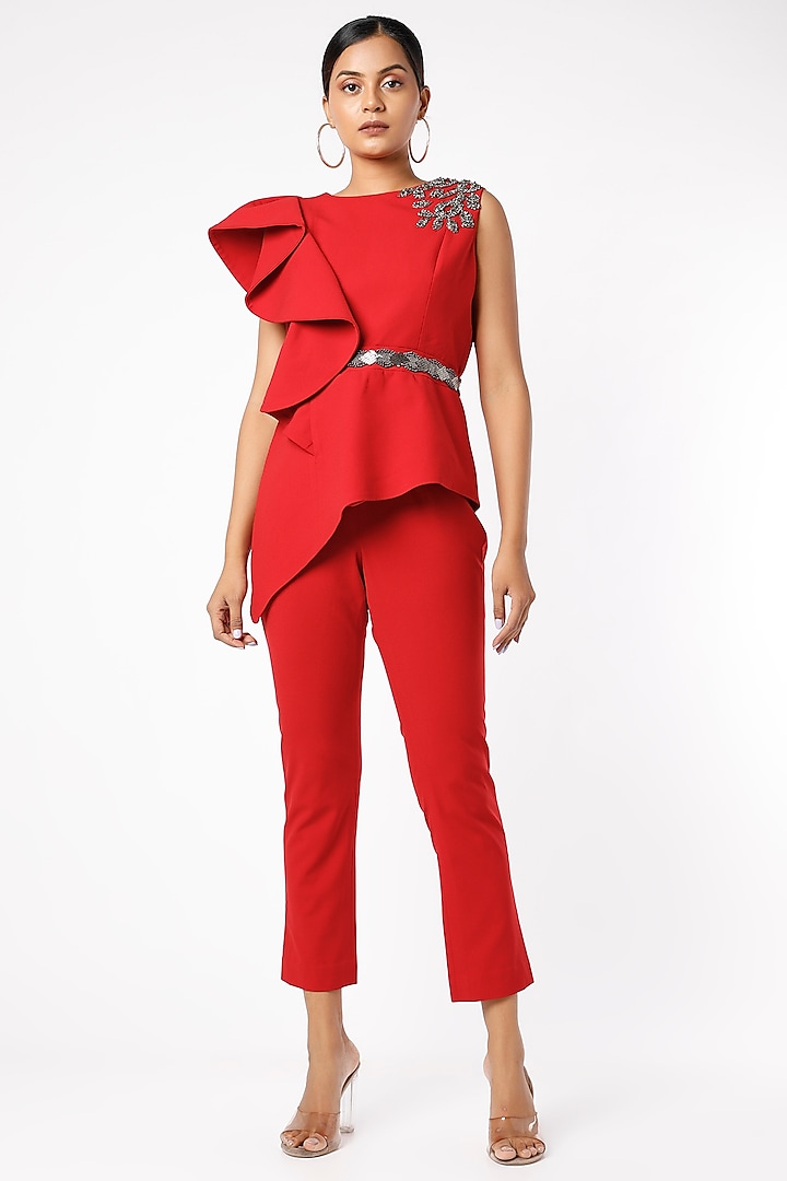 Bright Red Banana Crepe Pant Set by prakriti chawla