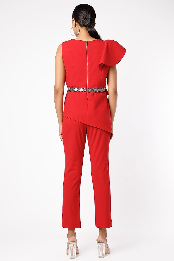 Bright Red Banana Crepe Pant Set by prakriti chawla at Pernia's Pop Up Shop
