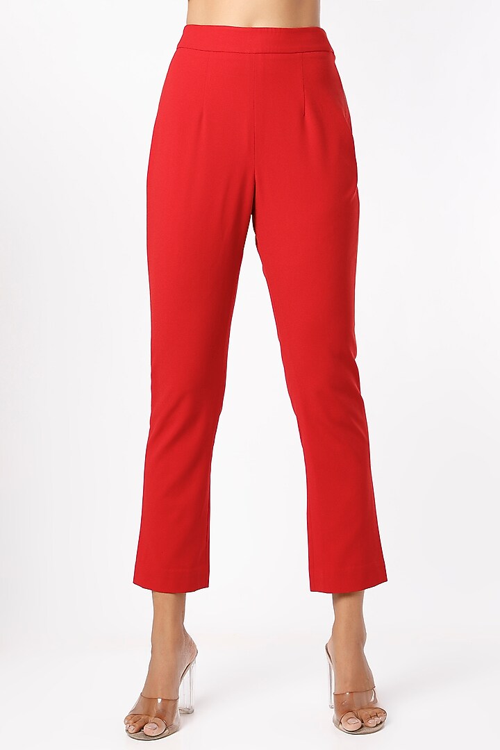 Bright Red Banana Crepe Pant Set by prakriti chawla at Pernia's Pop Up Shop