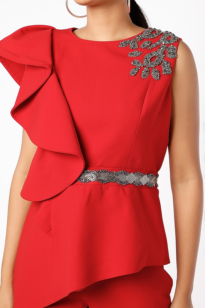 Bright Red Banana Crepe Pant Set by prakriti chawla at Pernia's Pop Up Shop