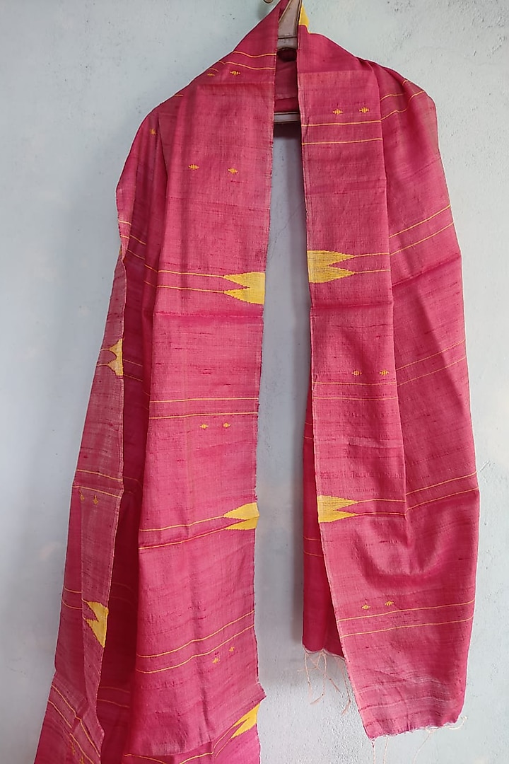Blush Pink Handwoven Dupatta With Stripes by Pramod Sur