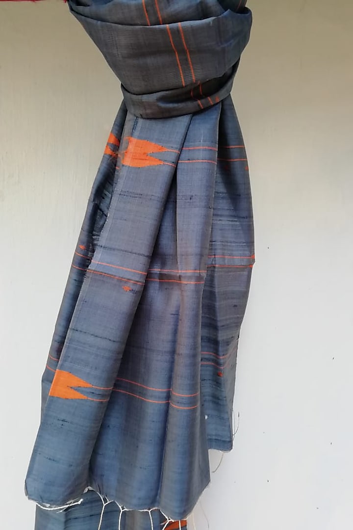 Grey & Orange Striped Handwoven Dupatta by Pramod Sur