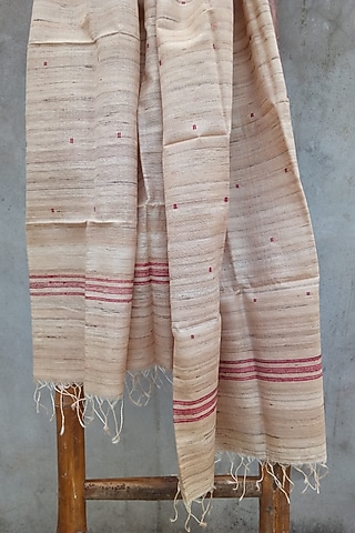 Beige Handwoven Dupatta WIth Weft Motifs by Pramod Sur